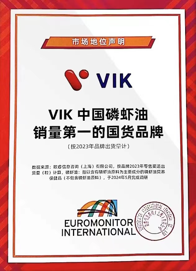 Euromonitor International certified VIK as China's No. 1 Domestic Brand in Krill Oil Sales